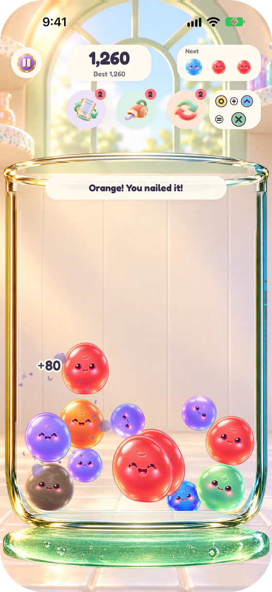 Colors jar in a sunny jelly lab, with glowing red, blue, purple and green jelly pals